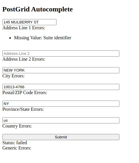 Address form showing a failed verification status and an error message indicating a missing unit number for Address Line 1