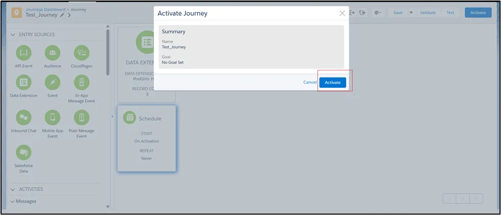 Salesforce Marketing Cloud journey activation confirmation dialog with the Activate button