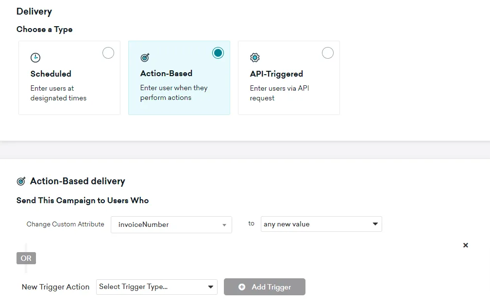 Braze campaign delivery settings showing a trigger configured to fire when a custom attribute changes