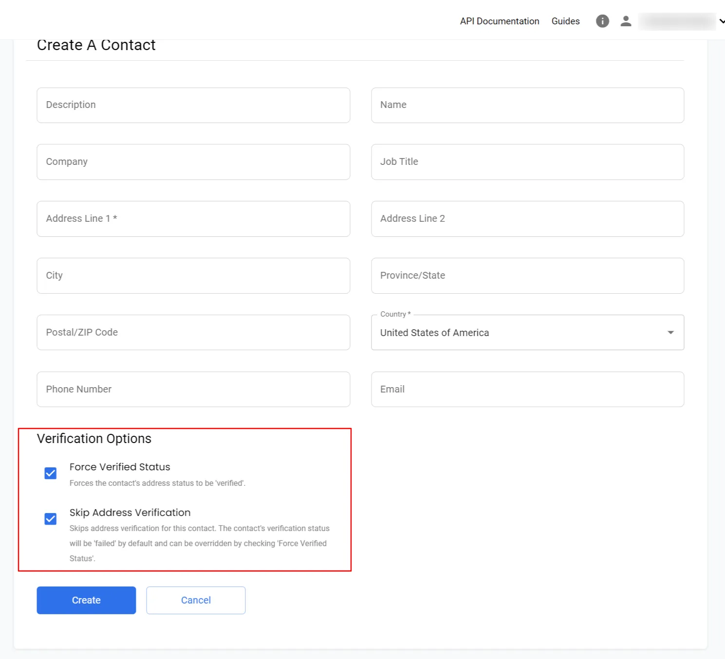 Create Contact form showing Force Verified Status and Skip Address Verification checkboxes
