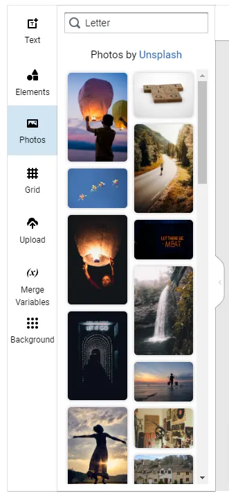 Template Editor Photos tab with a search bar to find stock images by keyword