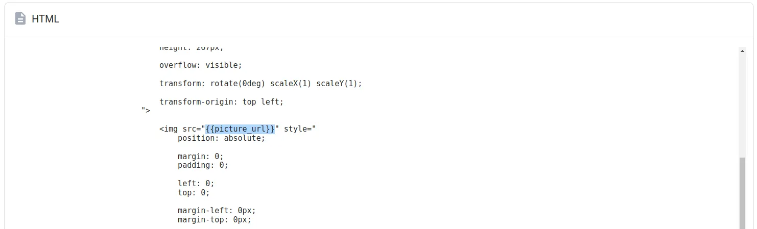 HTML showing an img src URL replaced with a merge variable for personalizing inline images per recipient