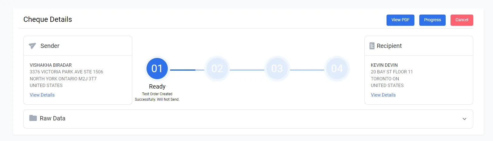 Cheques order list page after creation showing the newly created cheque order with a View PDF link