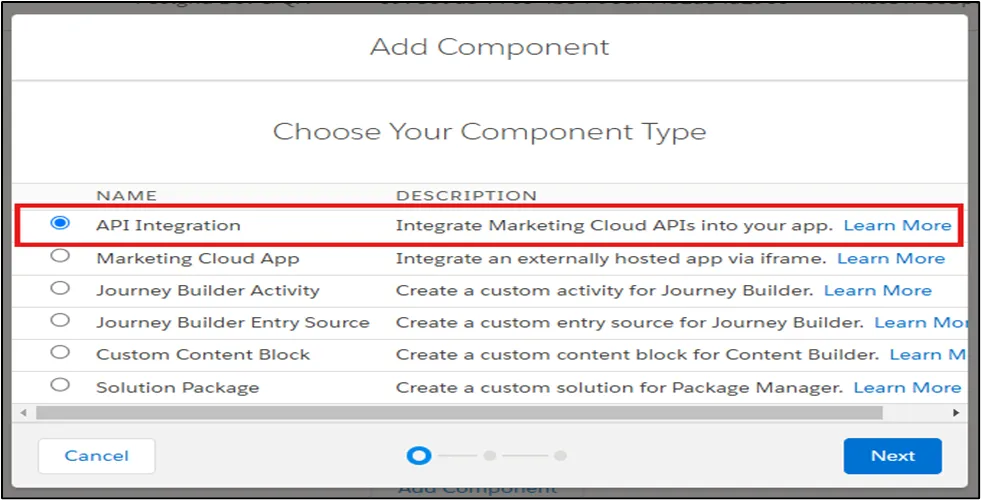 Salesforce Marketing Cloud package component type selection with API Integration option