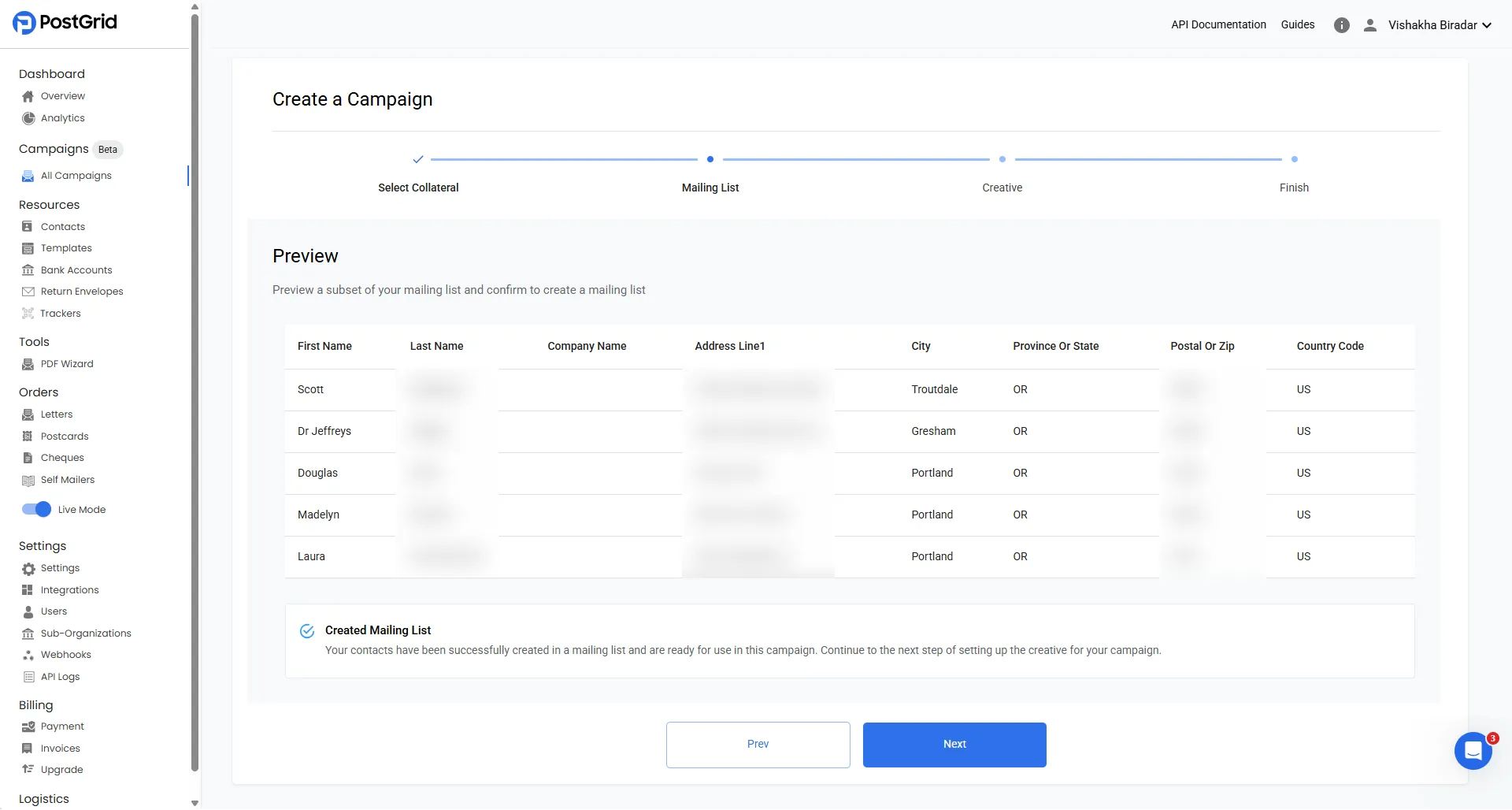 Mailing list configuration screen showing field mapping for CSV columns to PostGrid contact fields
