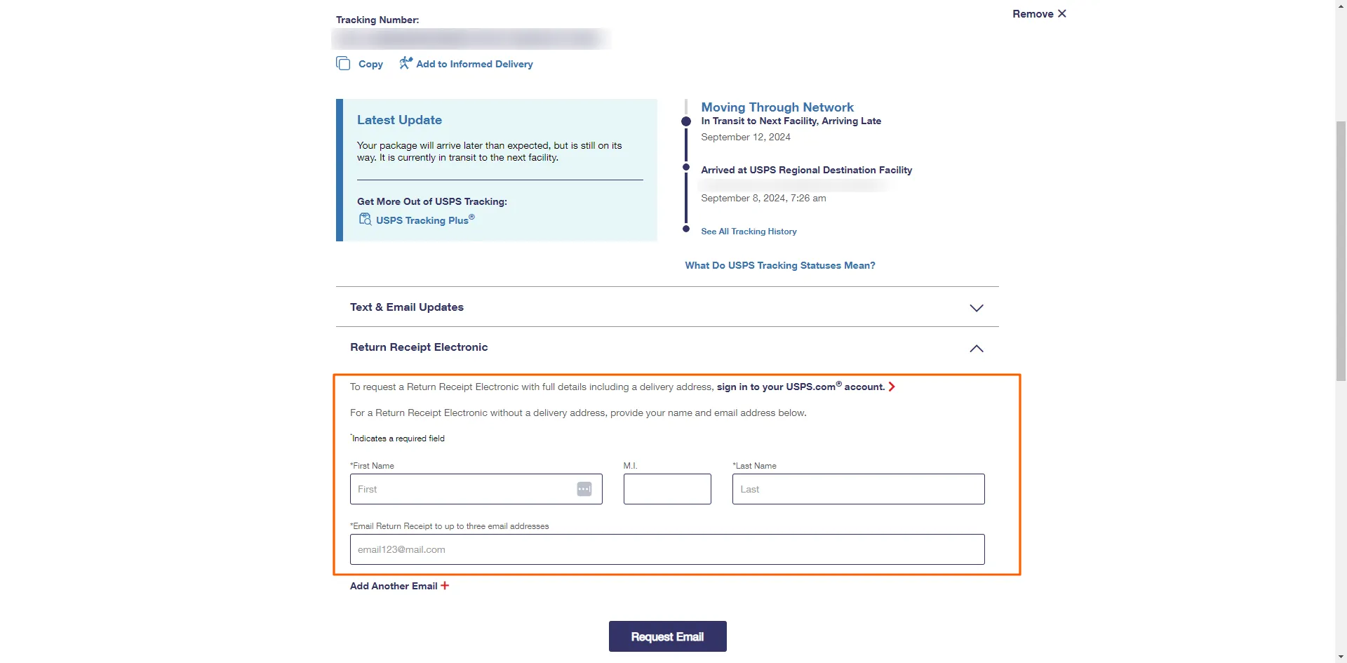 USPS Return Receipt Electronic form requesting recipient details to retrieve the electronic delivery confirmation