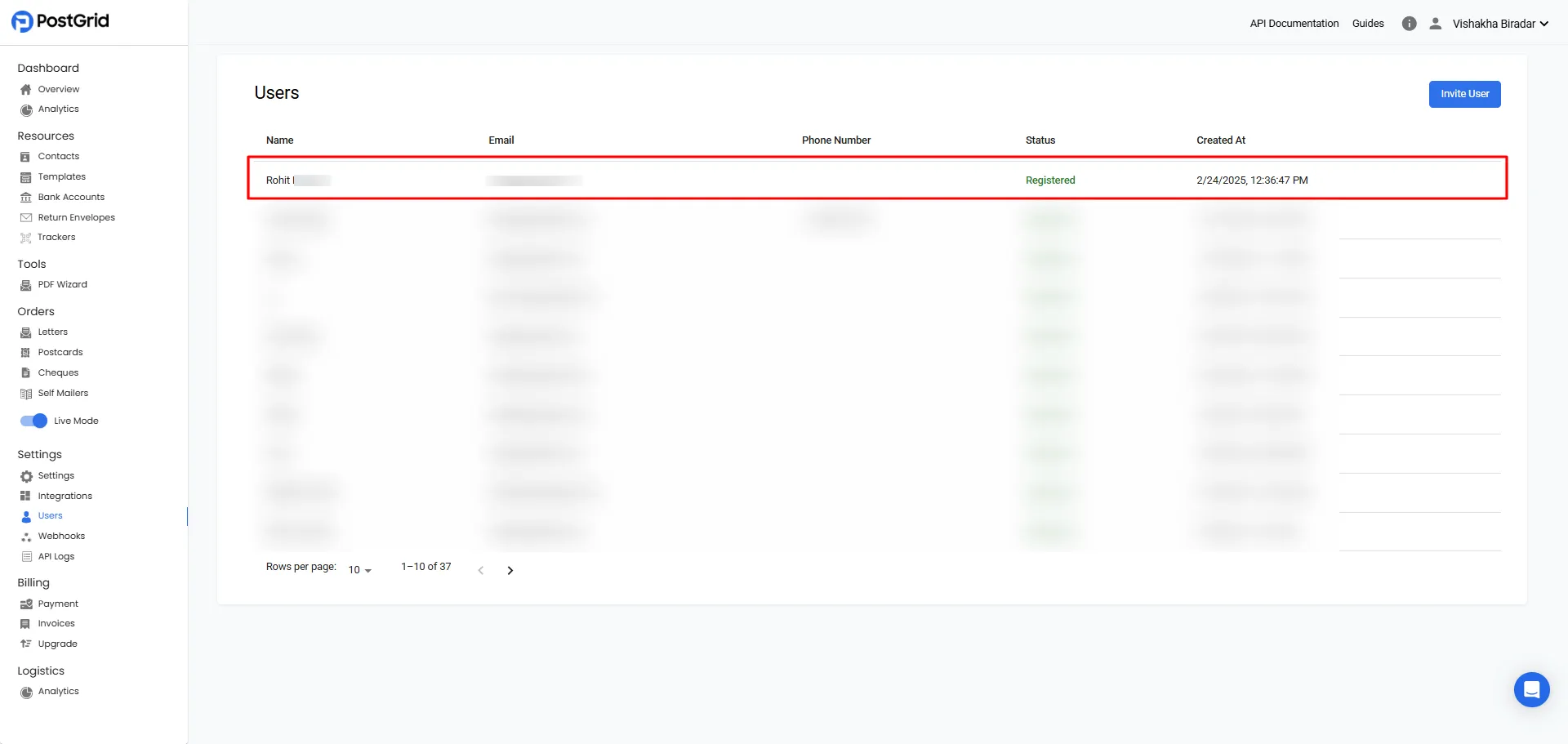 Users page showing a selected user with the Delete User button visible