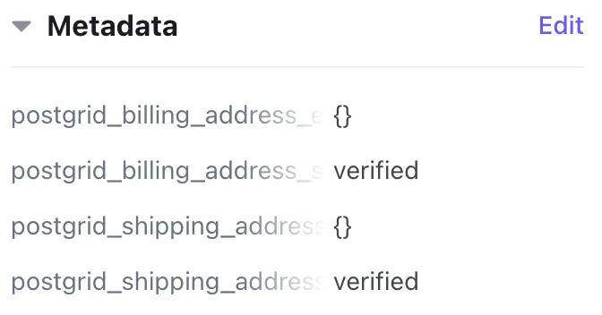 Stripe customer Metadata section showing a verified address with an empty errors object and 'verified' status