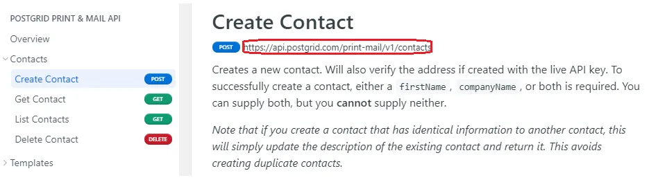 PostGrid API guide showing a POST endpoint label, indicating only POST endpoints are valid in Klaviyo