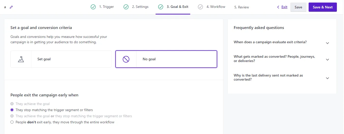 Customer.io Goals and Exit step with the No Goals option selected
