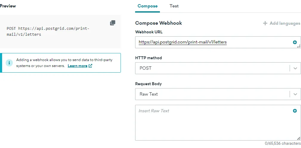 Braze webhook template creation page showing the Create Letters endpoint URL and POST method selected