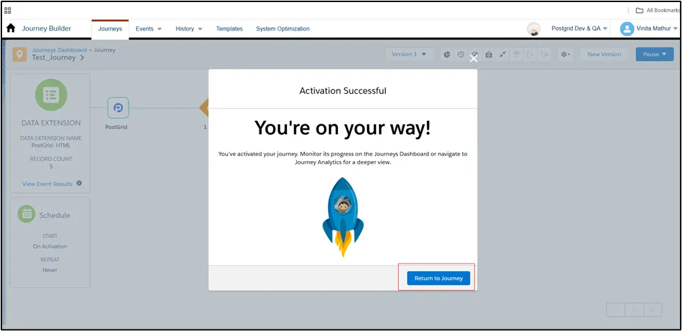 Salesforce Marketing Cloud Return to Journey button after journey activation