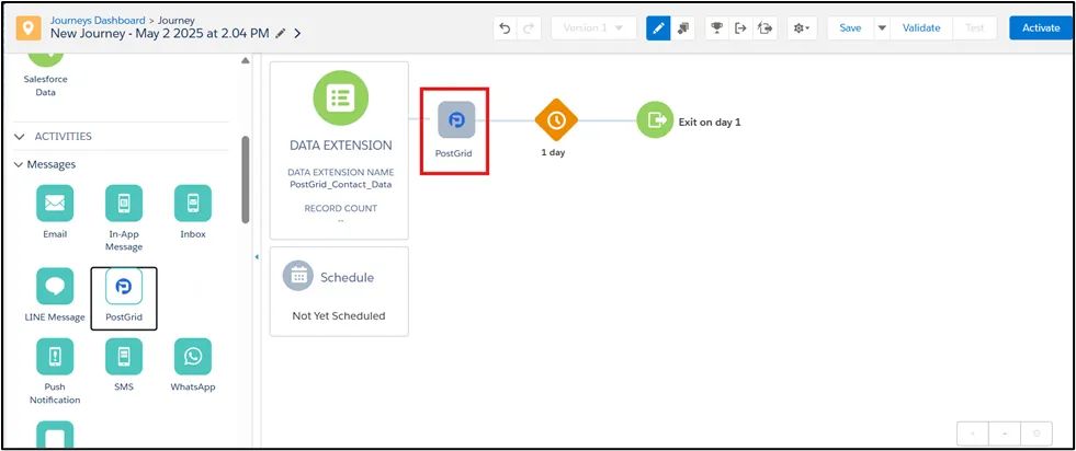 Salesforce Marketing Cloud journey canvas with the PostGrid Custom Activity step ready to configure