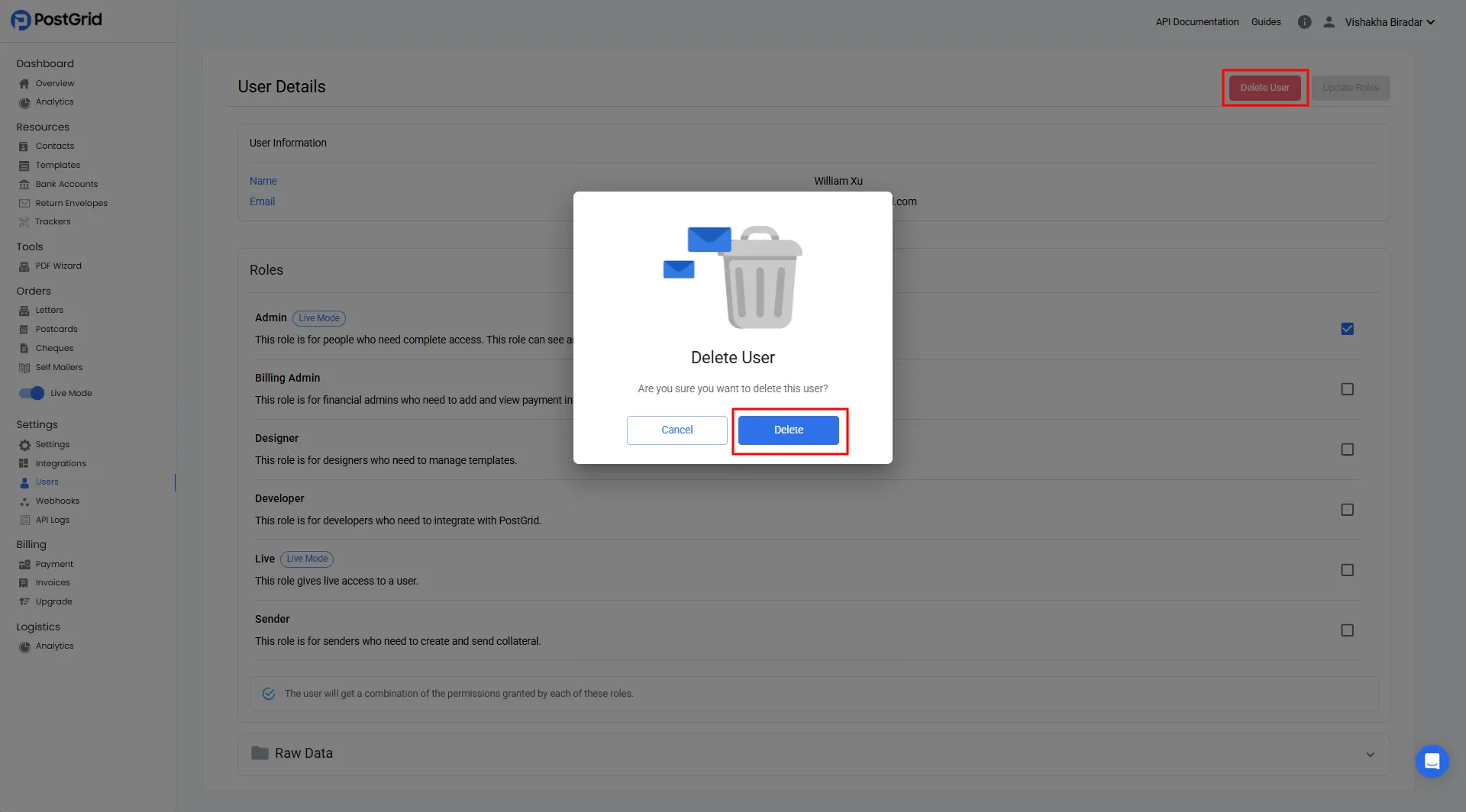 Confirmation pop-up dialog asking to confirm permanent deletion of a user account