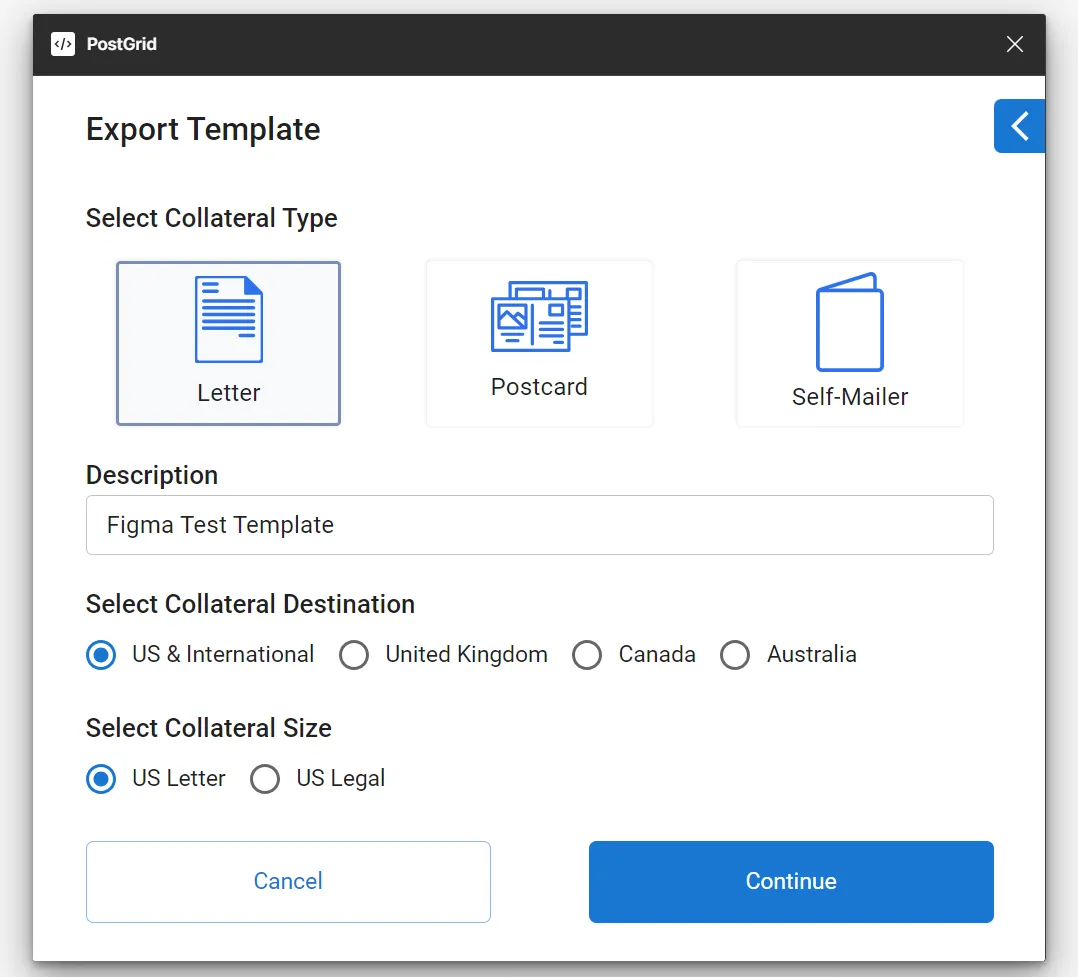 PostGrid Figma plugin Export Template form with collateral type, destination, size, and description fields