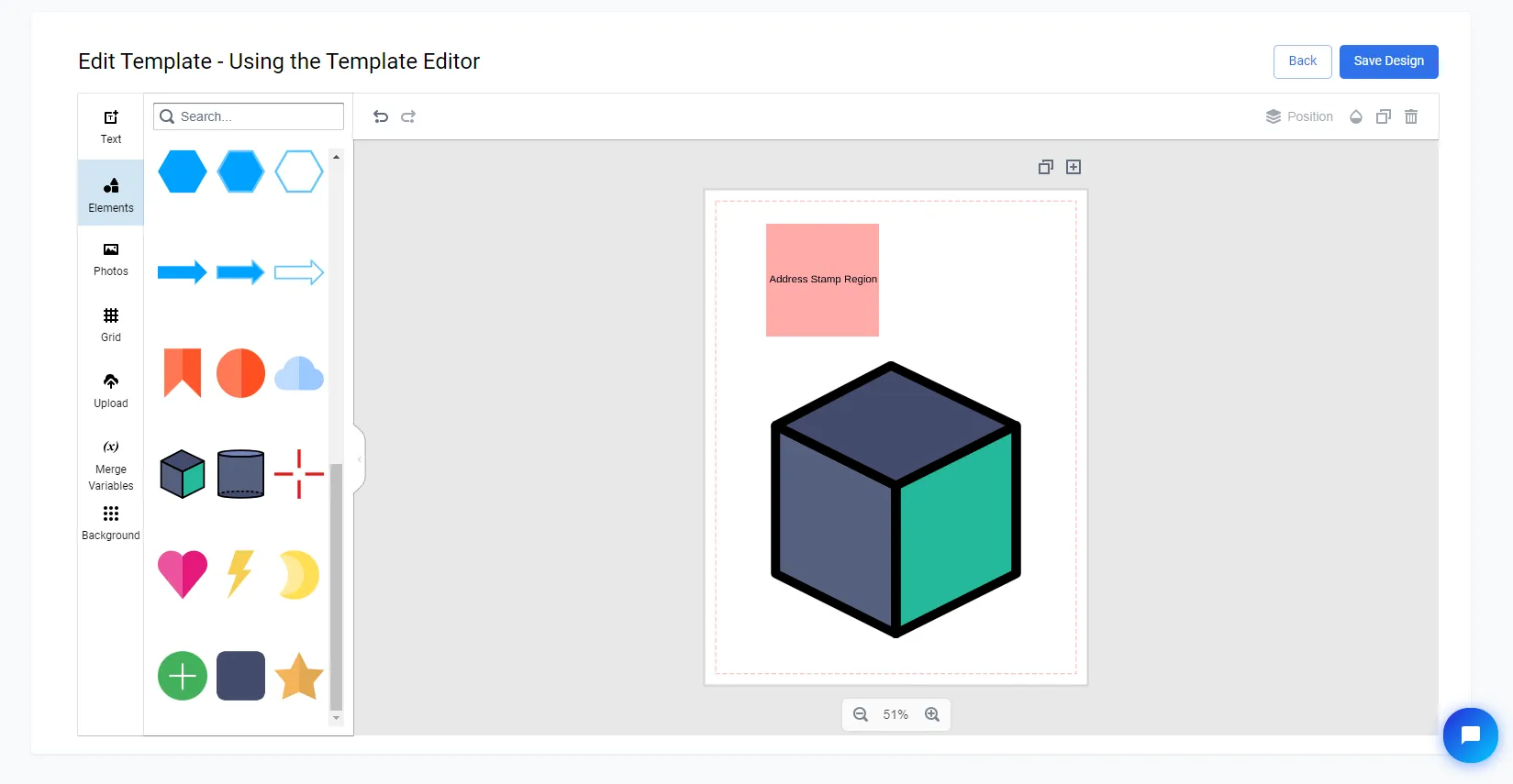 Template Editor Elements panel showing a searchable library of icons and shapes to add to the canvas