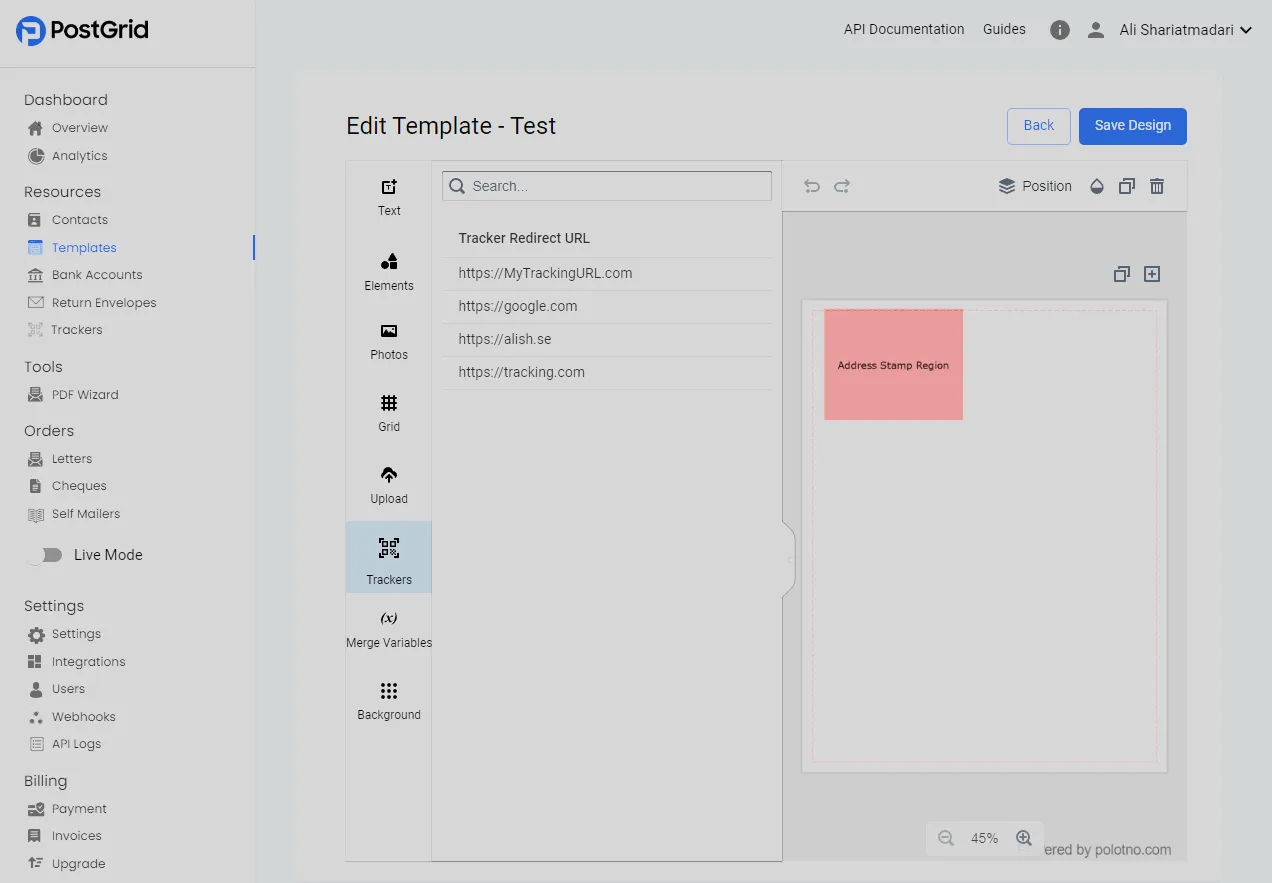 Template Editor Trackers panel showing a searchable list of the 100 most recently created trackers