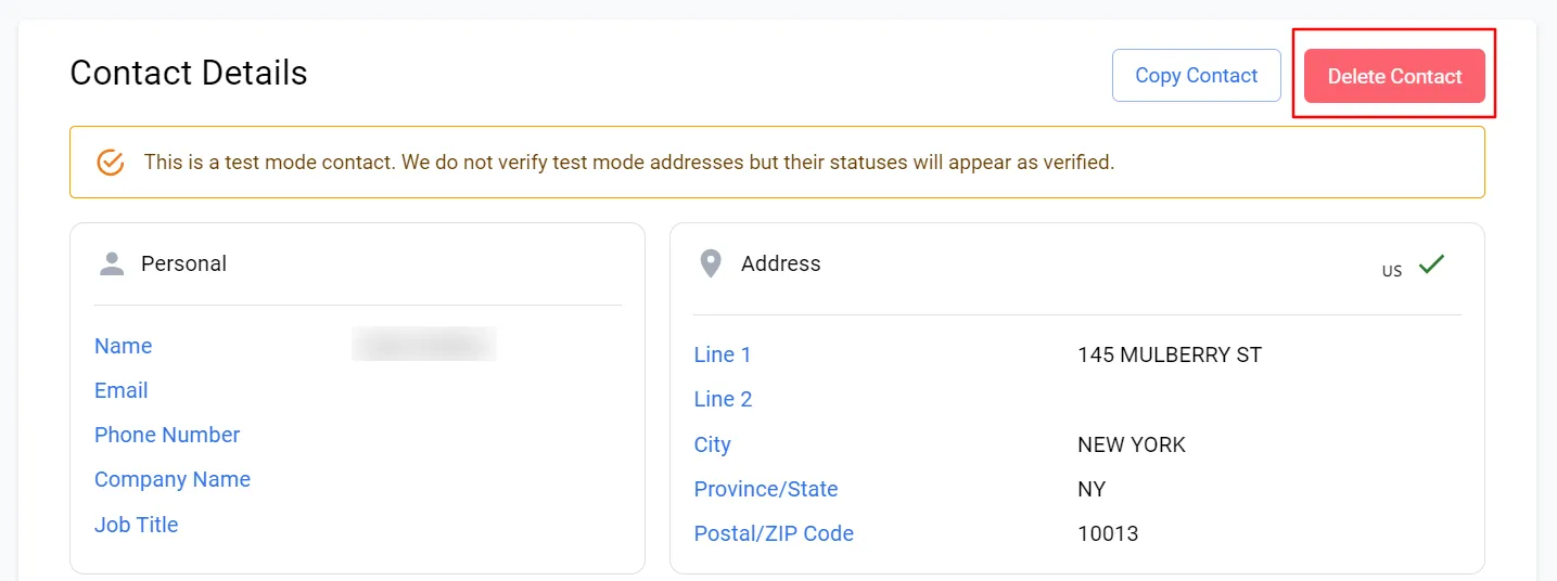 Contact details page showing the Delete button to remove the contact and its address
