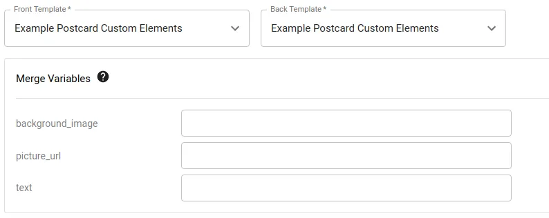 Order creation page showing the merge variables panel with image merge variable fields listed after saving the template