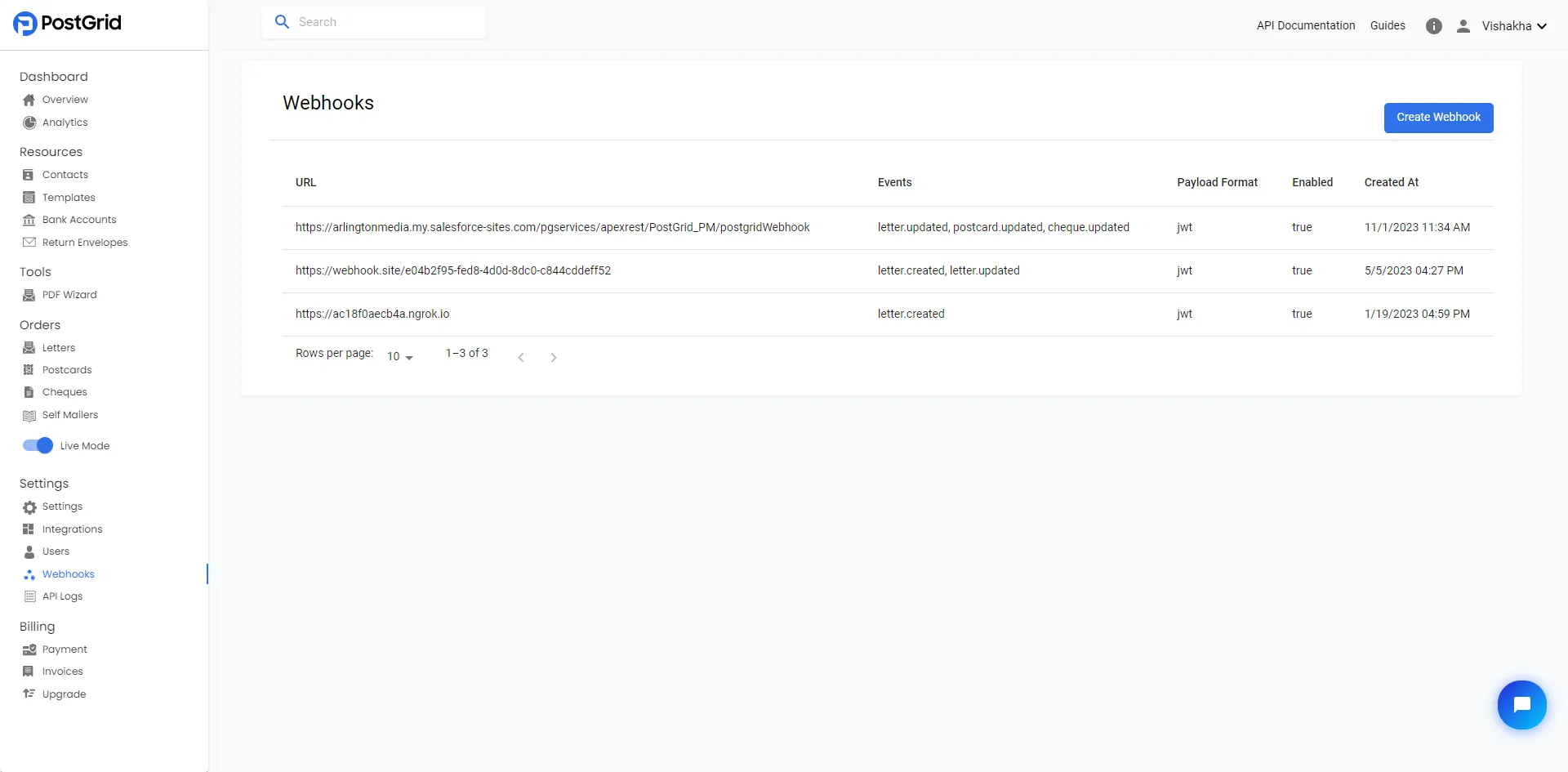 Create Webhook page showing URL input, event type selection, and payload method options