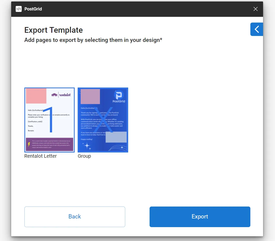 PostGrid Figma plugin export screen showing selected design frames numbered as pages before export