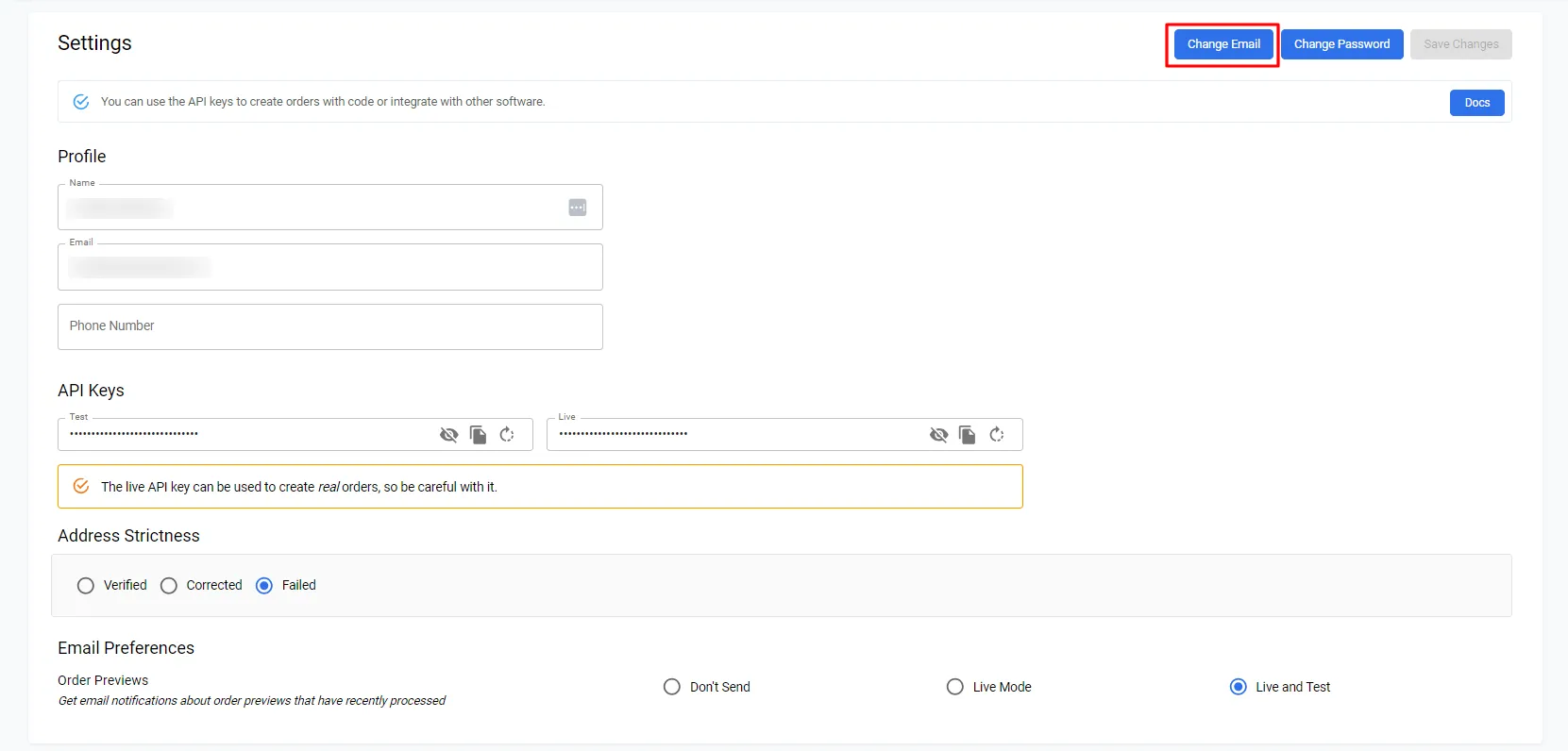 Settings page highlighting the Change Email option under the account settings section