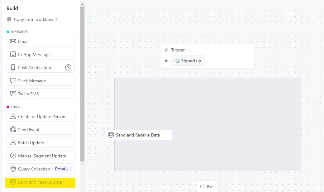Customer.io workflow editor with the Send and Receive Data action being dragged onto the canvas