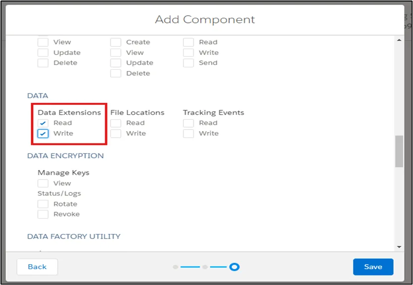 Salesforce Marketing Cloud API integration permissions with Data Extensions Read and Write checkboxes selected