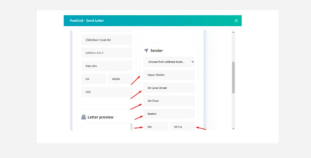 Letter sender details