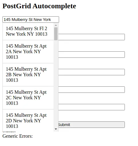 Autocomplete dropdown listing all available unit numbers for 145 Mulberry St for the user to choose from