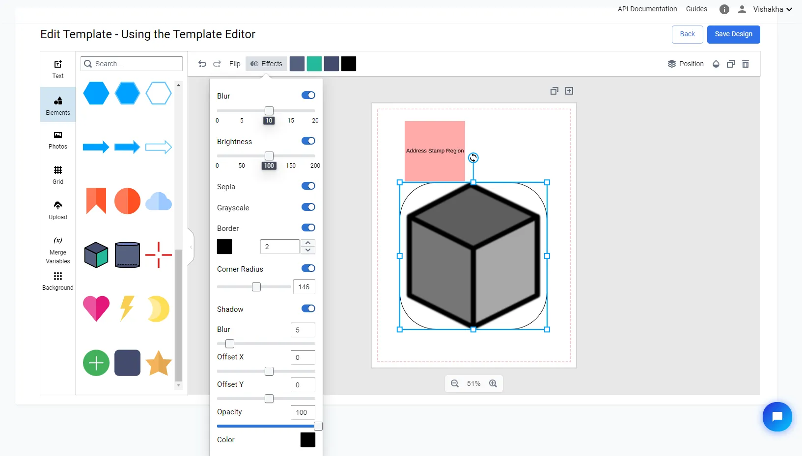 Template Editor Effects panel showing Blur, Brightness, Sepia, Grayscale, Text Stroke, and Shadow options for the selected element