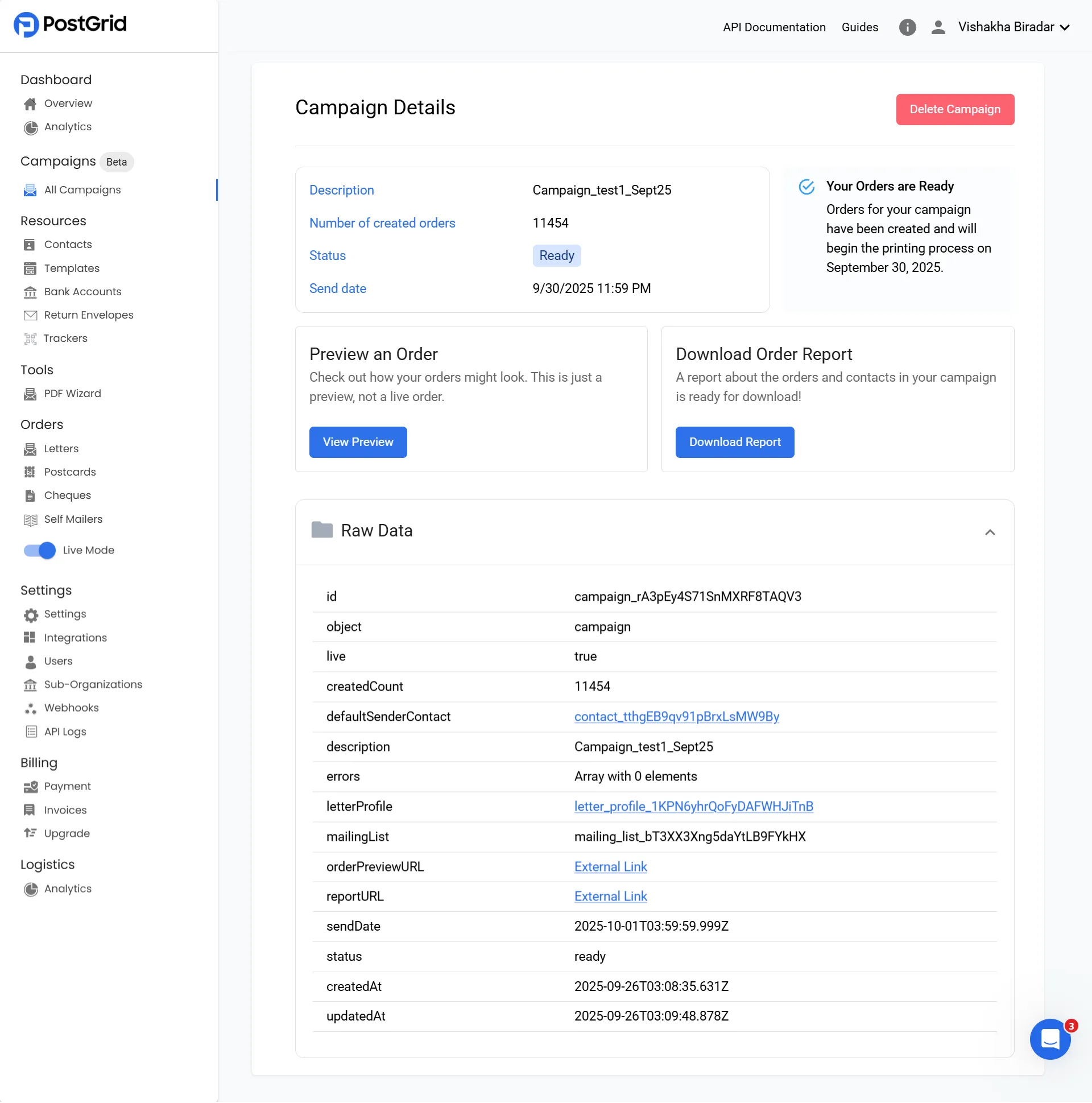 Campaign details page showing description, number of created orders, status, send date, and action buttons