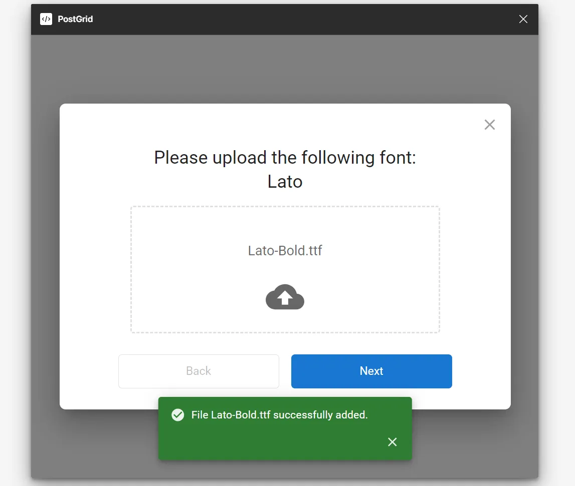 PostGrid Figma plugin custom font upload prompt with a Next button to proceed
