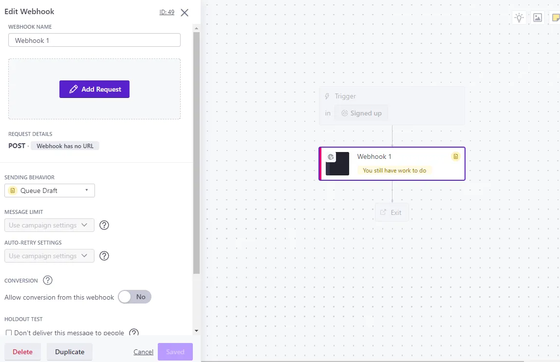 Customer.io webhook configuration panel showing the Add Request button on the left side