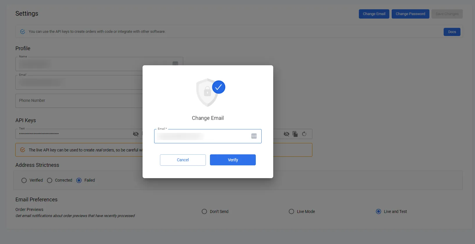 Change Email dialog with a field to enter a new email address and a Verify button