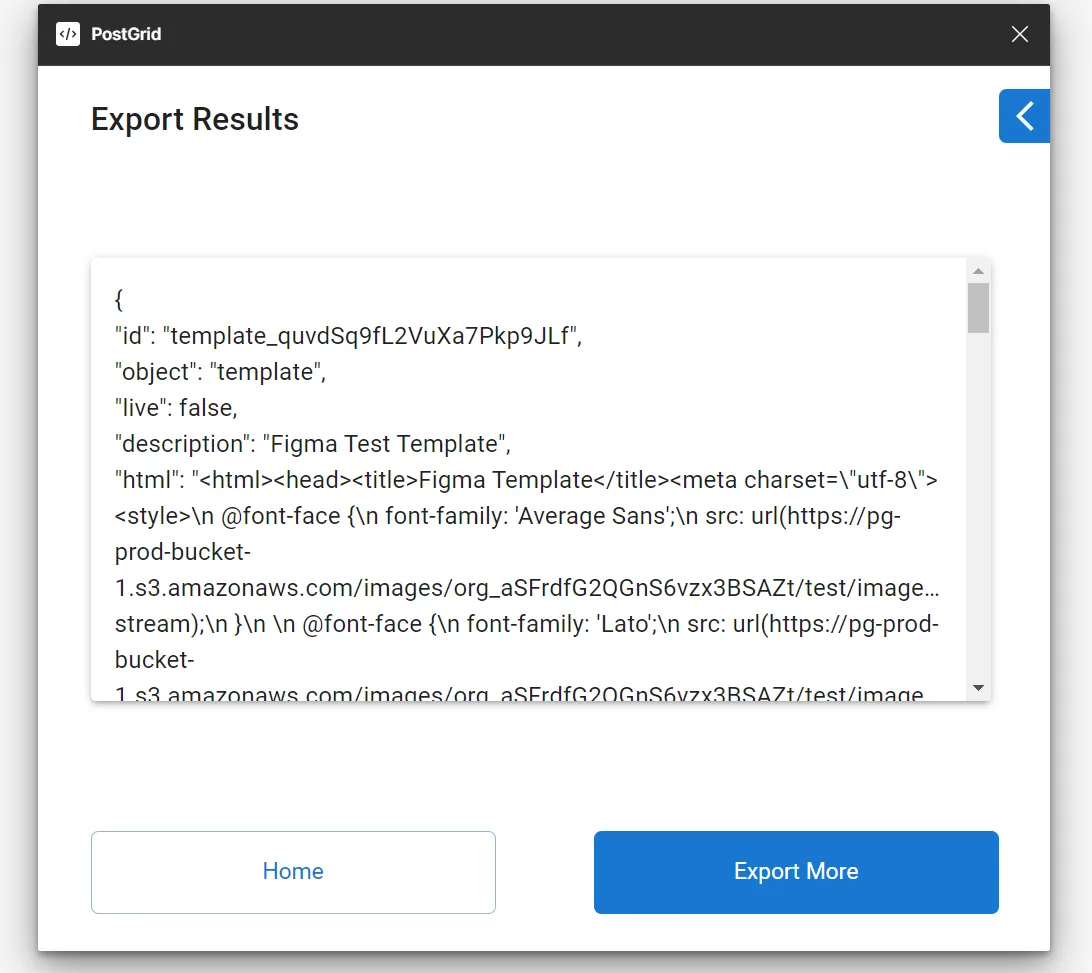 PostGrid Figma plugin Export Results screen confirming a successful template export