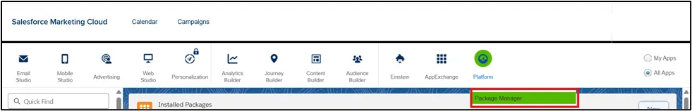 Salesforce Marketing Cloud Platform menu showing the Package Manager option