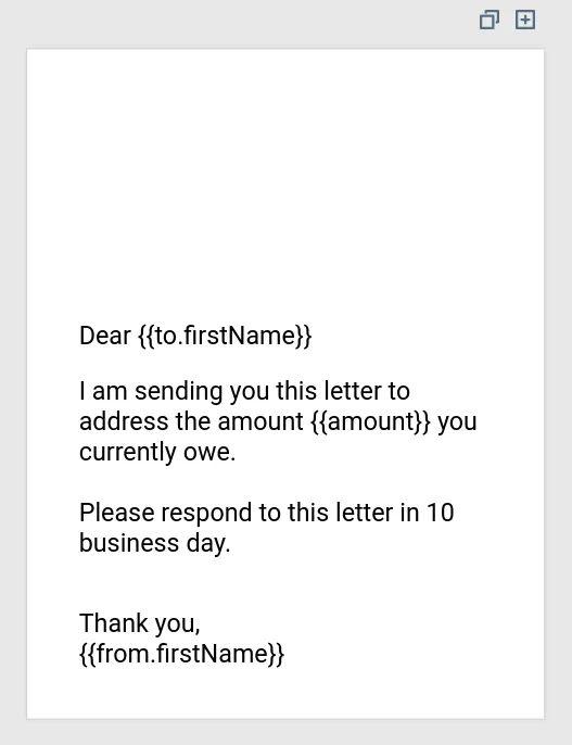 Example letter template in the editor showing merge variables like {{to.firstName}} and {{from.companyName}} inserted in the text