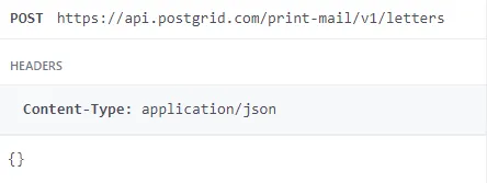 Customer.io webhook configuration showing the POST request type and PostGrid Create Letter endpoint URL