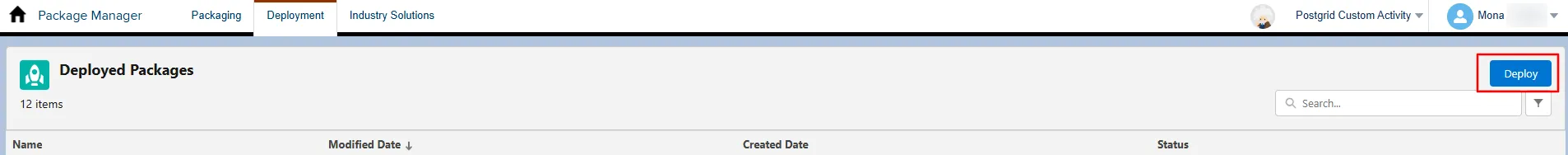 Salesforce Marketing Cloud Package Manager with the Deployment tab selected