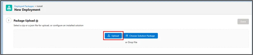 Salesforce Marketing Cloud Package Manager Deploy screen with a JSON file upload option