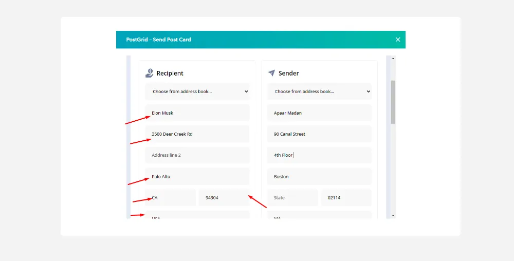 Postcard recipient details
