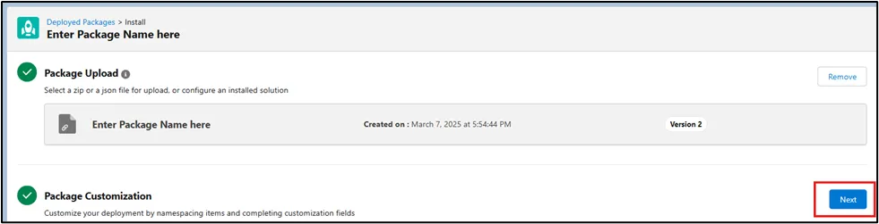 Salesforce Marketing Cloud package deployment validation step with a Next button