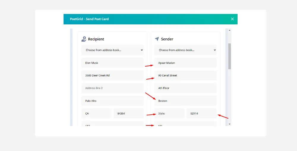 Postcard sender details