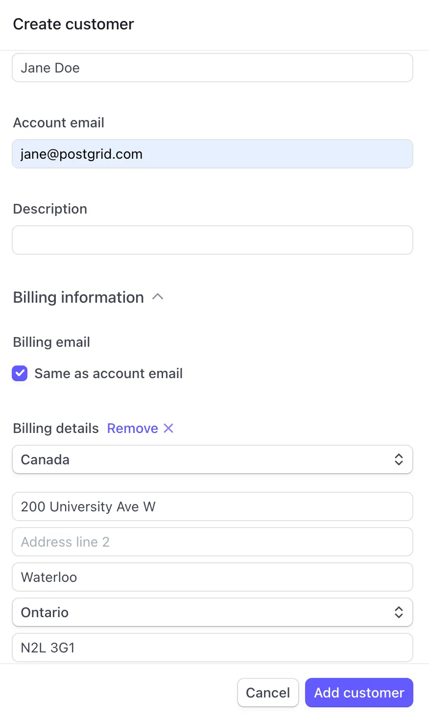 Stripe Add Customer form filled with 200 University Ave W, Waterloo, Ontario, N2L 3G1 before clicking Add Customer