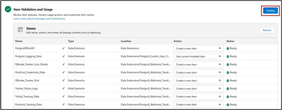 Salesforce Marketing Cloud package deployment finalization screen with a Deploy button