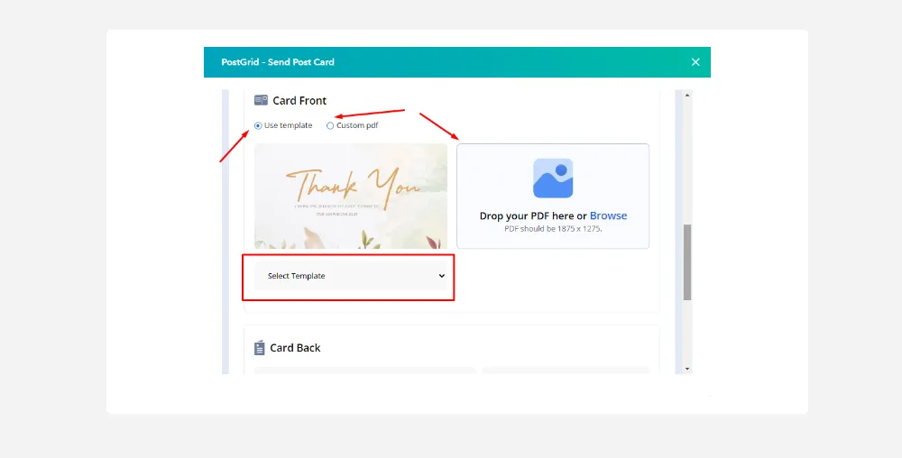 Postcard template selection