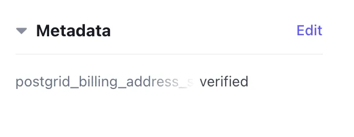 Stripe customer Metadata section showing a verified address with 'verified' status and an empty errors object after auto-validation