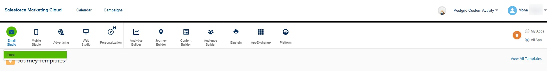 Salesforce Marketing Cloud navigation showing Email Studio in the platform menu