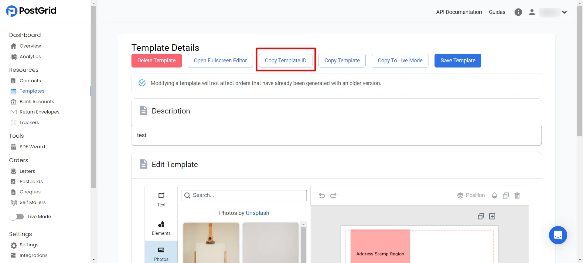 Copy template ID from PostGrid dashboard